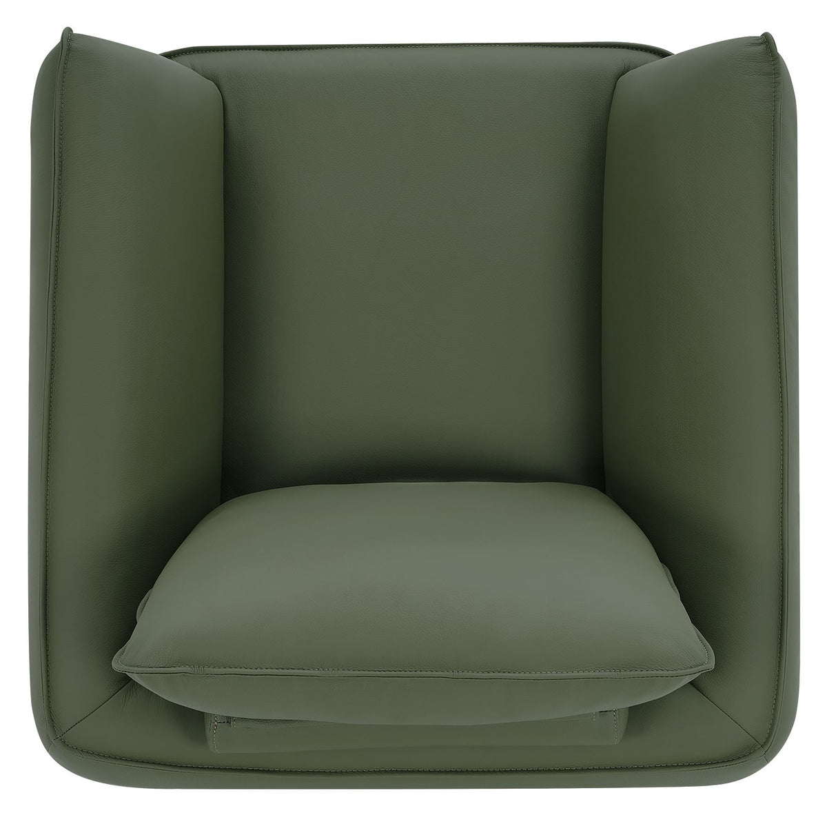 Green leather armchair with cushion back and nickel legs, stylish lounge chair from Bentley Designs.