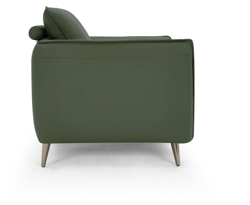 Green leather cushion back armchair with nickel legs, Bentley Designs lounge chair featuring a comfortable and stylish easy chair design.
