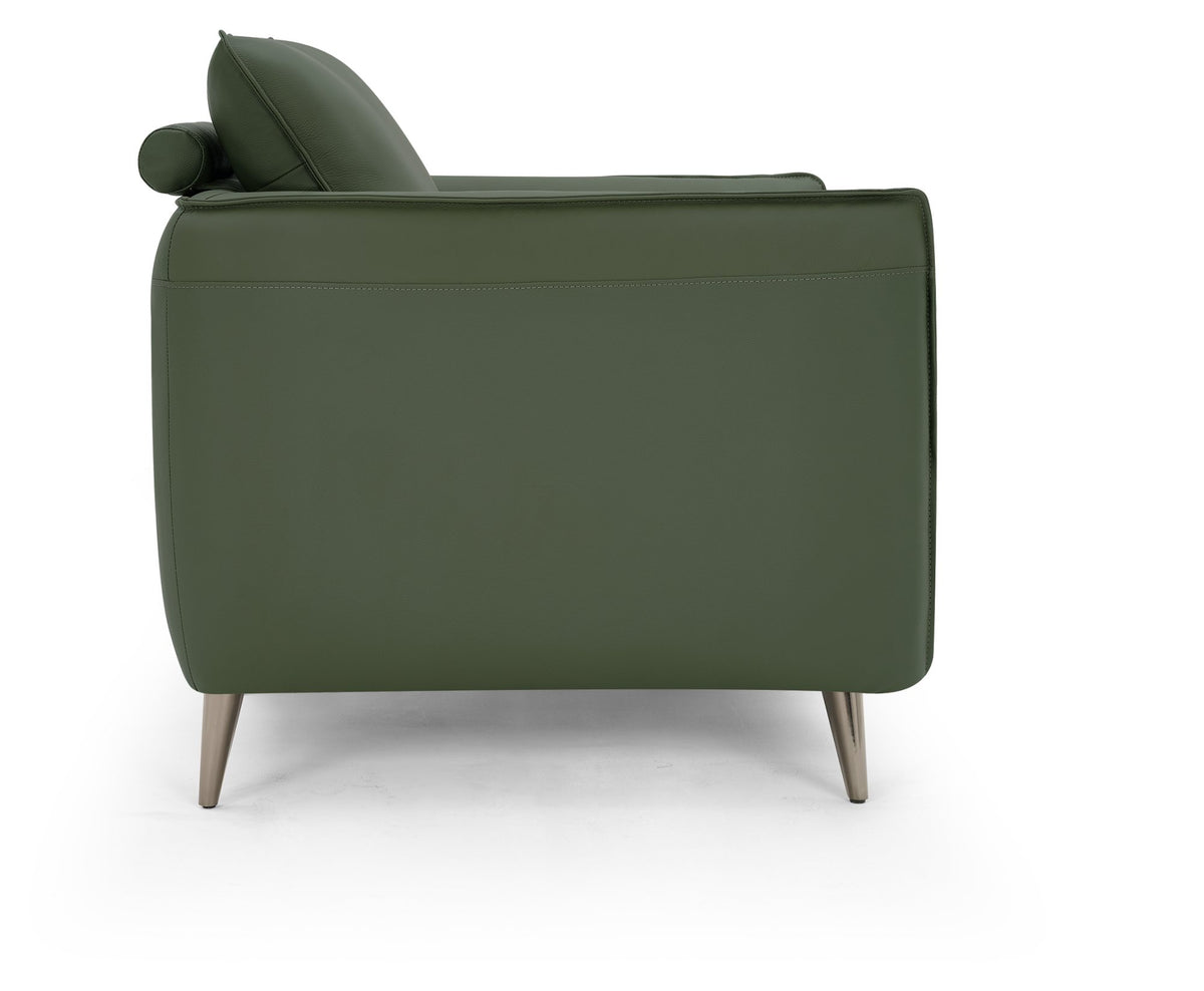 Green leather cushion back armchair with nickel legs, Bentley Designs lounge chair featuring a comfortable and stylish easy chair design.