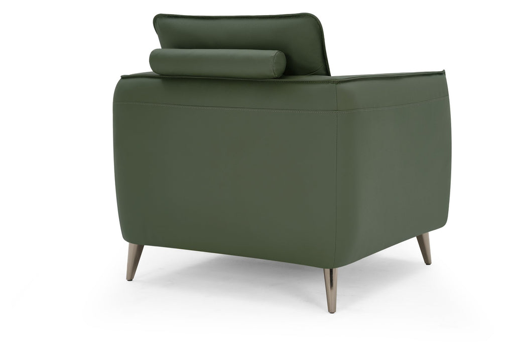 Green leather cushion back armchair with nickel legs, Bentley Designs lounge chair featuring a comfortable, stylish modern design.