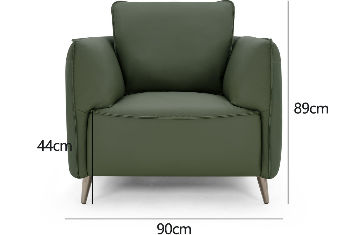 Green leather cushion back armchair with nickel legs, Bentley Designs lounge chair featuring a comfortable and modern easy chair design.