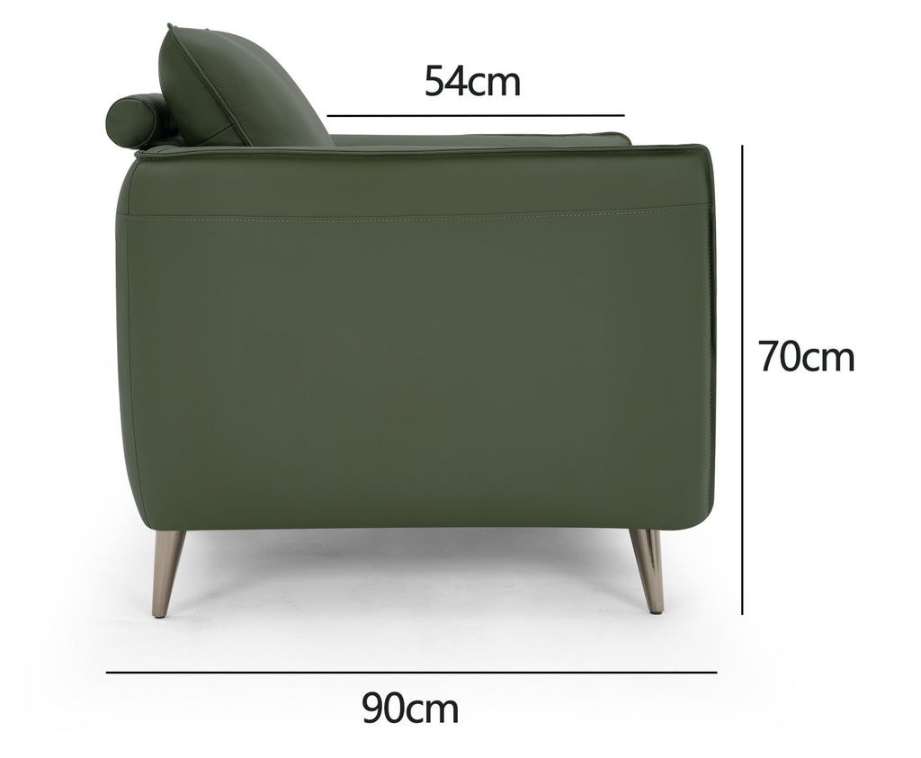 Green leather armchair with cushion back and nickel legs, Bentley Designs lounge chair, modern and comfortable sitting furniture.