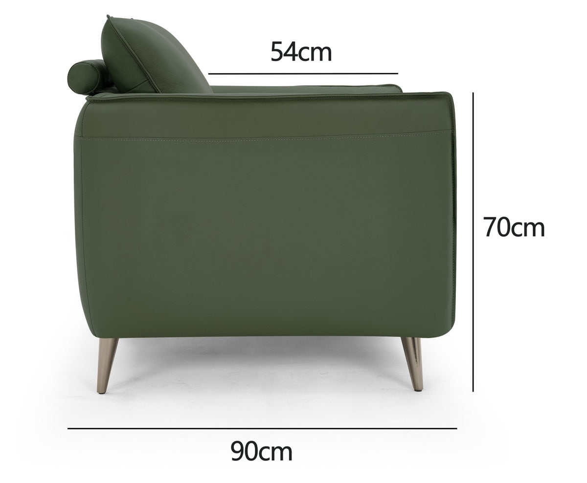 Green leather armchair with cushion back and nickel legs, Bentley Designs lounge chair, modern and comfortable sitting furniture.