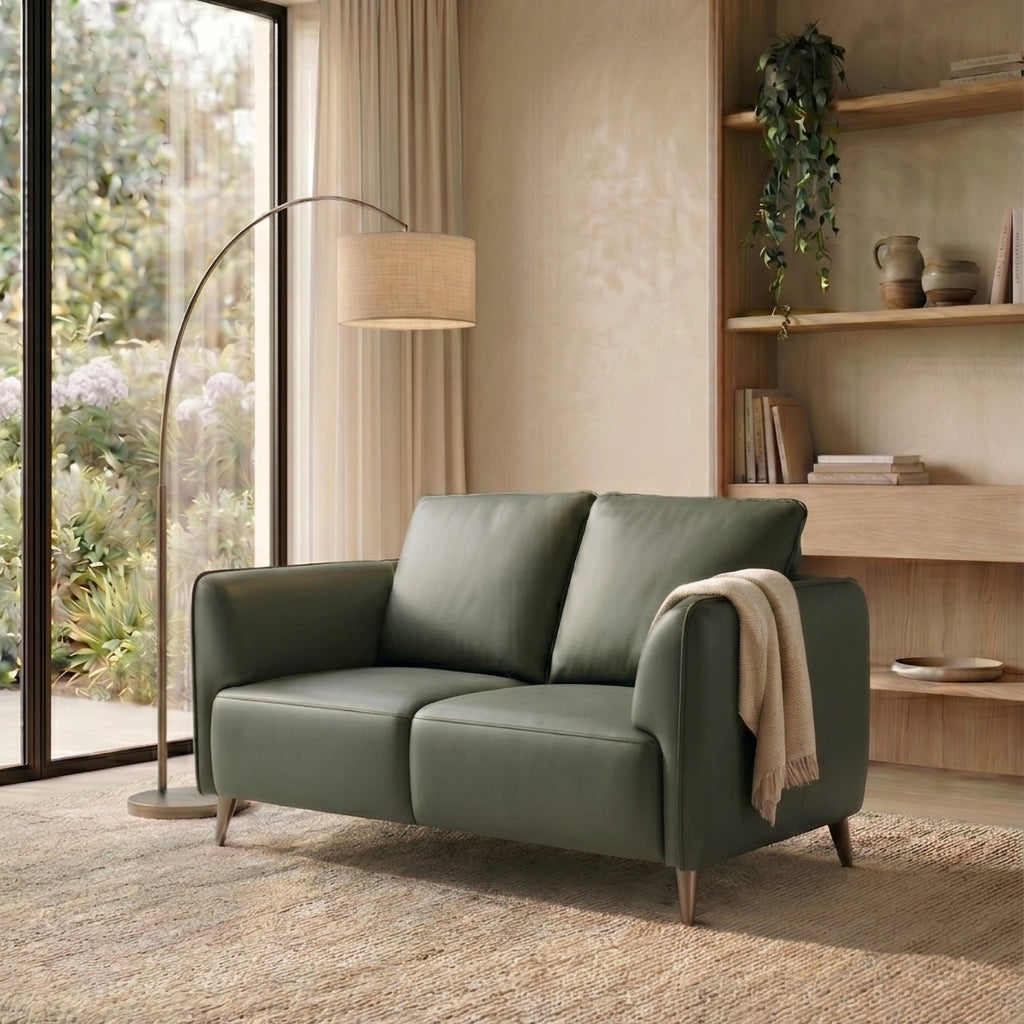 Green Leather 2 Seater Cushion Back Sofa Nickel Legs