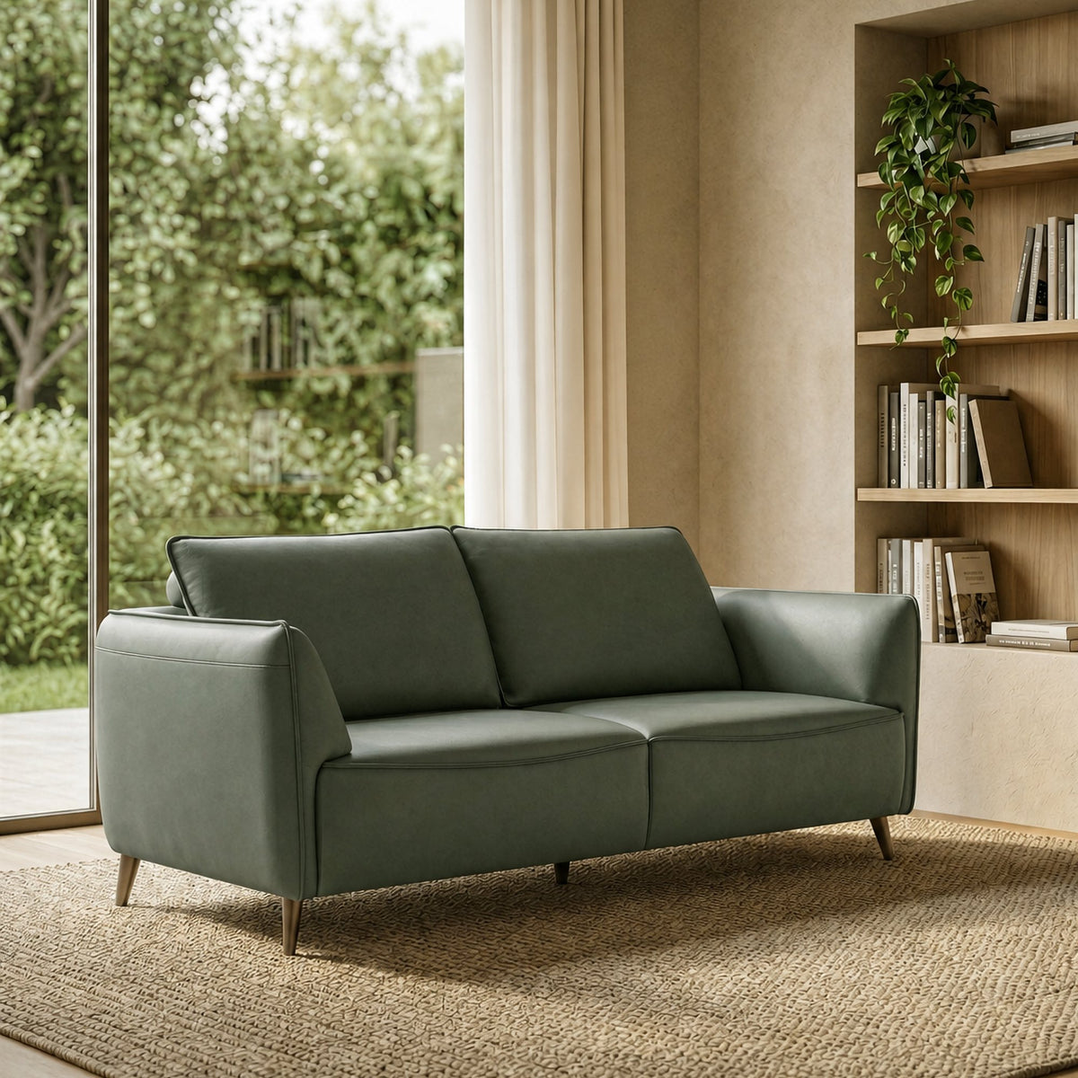 Green leather 3-seater sofa with cushion back and nickel legs by Bentley Designs, showcasing comfortable seating and stylish design.