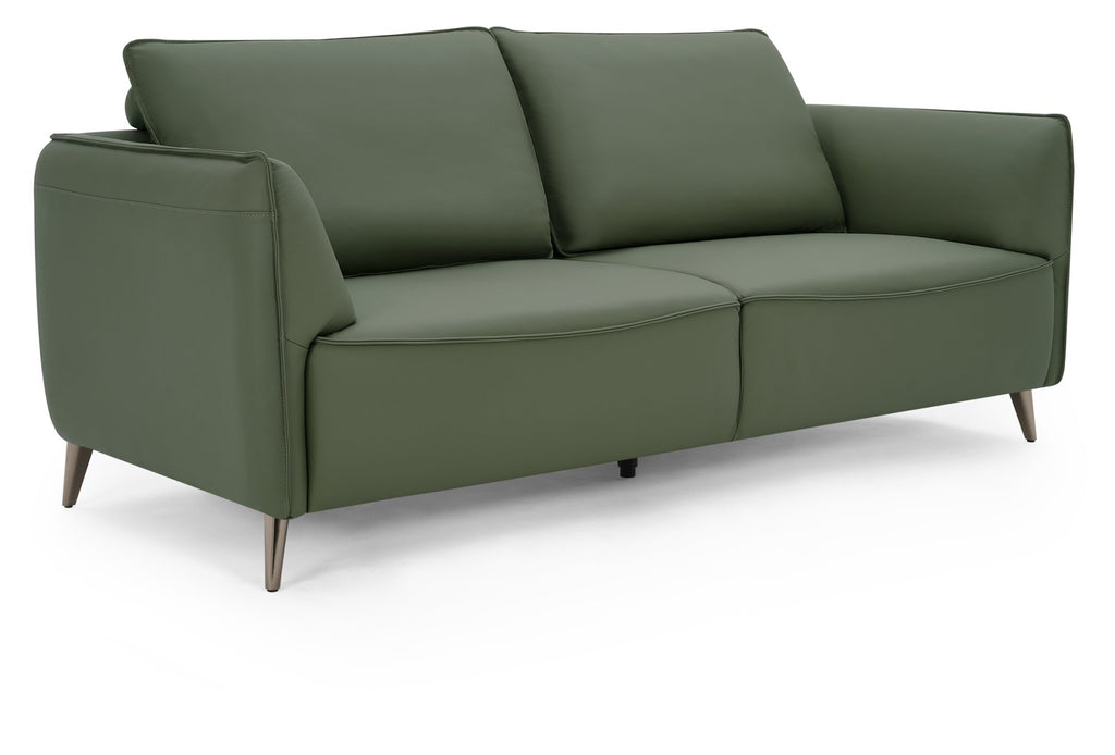 Green leather 3 seater sofa with cushion back and nickel legs by Bentley Designs, showcasing its modern, comfortable design.