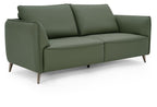 Green leather 3 seater sofa with cushion back and nickel legs by Bentley Designs, showcasing its modern, comfortable design.