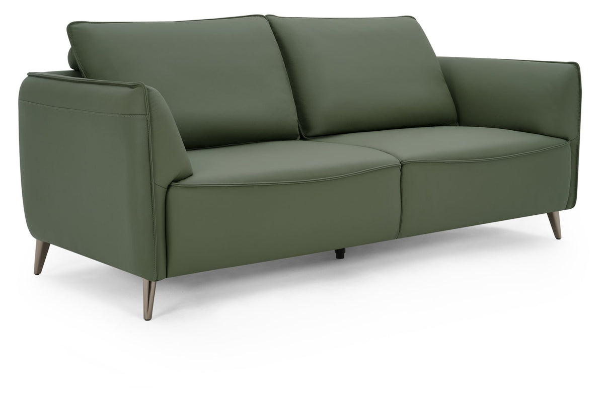 Green leather 3 seater sofa with cushion back and nickel legs by Bentley Designs, showcasing its modern, comfortable design.