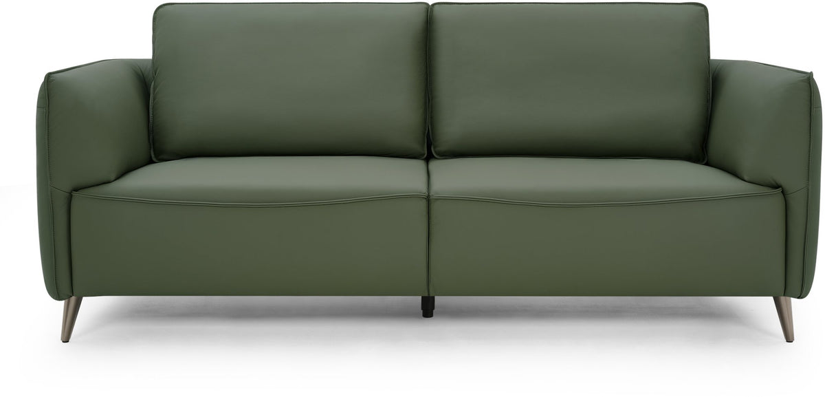 Green leather 3 seater sofa with cushion back and nickel legs by Bentley Designs, showcasing a stylish and comfortable living room piece.