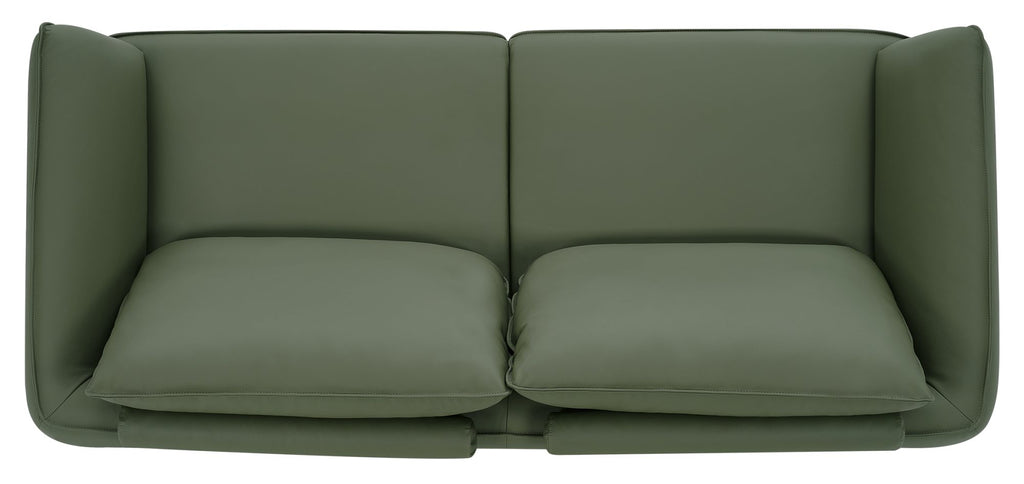 Green leather 3 seater sofa with cushion back and nickel legs by Bentley Designs, showcasing its stylish and comfortable seating.