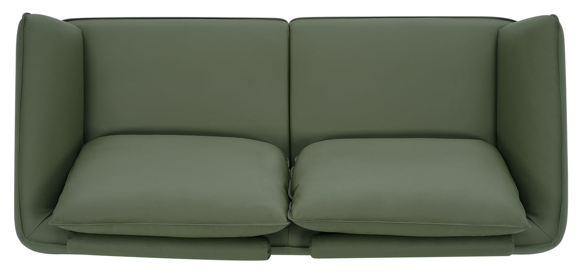 Green leather 3 seater sofa with cushion back and nickel legs by Bentley Designs, showcasing its stylish and comfortable seating.