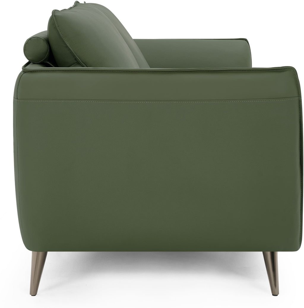 Green leather 3 seater sofa with cushion back and nickel legs by Bentley Designs, showing a spacious, modern living room setting.