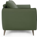 Green leather 3 seater sofa with cushion back and nickel legs by Bentley Designs, showing a spacious, modern living room setting.
