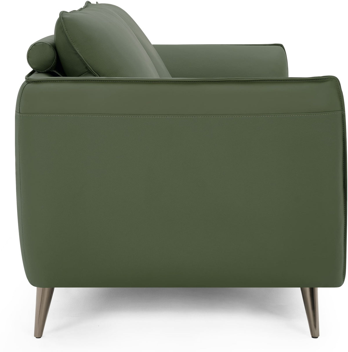 Green leather 3 seater sofa with cushion back and nickel legs by Bentley Designs, showing a spacious, modern living room setting.