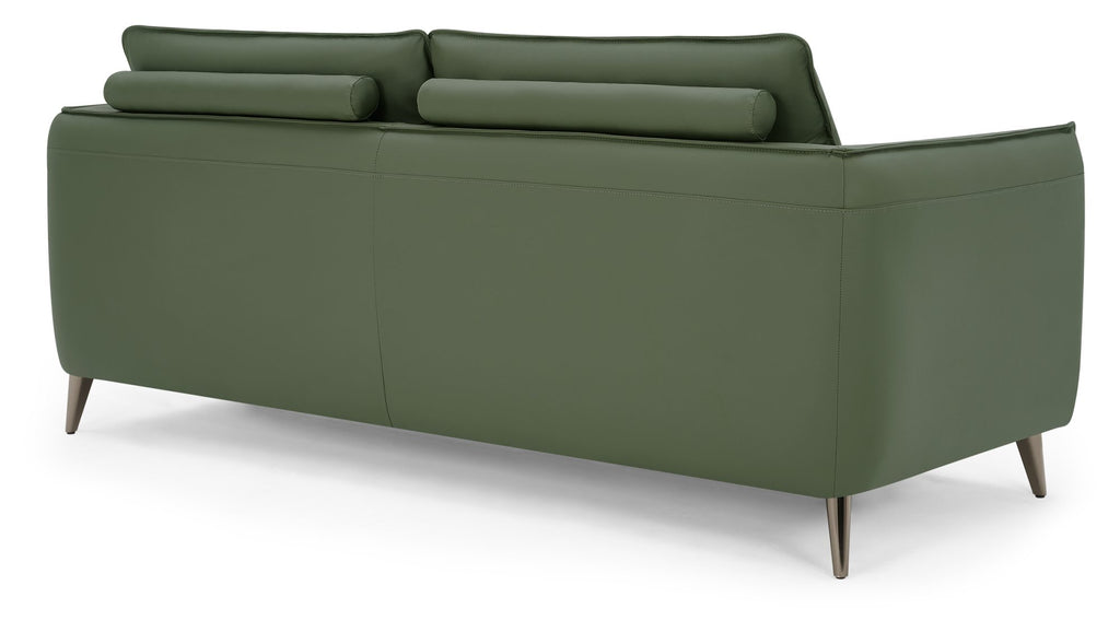 Green leather 3-seater sofa with cushion back and nickel legs by Bentley Designs, showing its spacious seating and modern style.