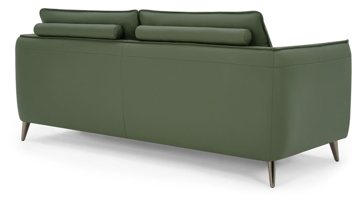 Green leather 3-seater sofa with cushion back and nickel legs by Bentley Designs, showing its spacious seating and modern style.