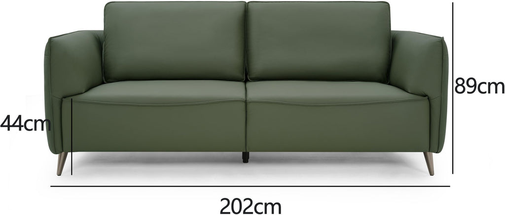 Green leather 3-seater sofa with cushion back and nickel legs by Bentley Designs, showcasing the stylish and comfortable seating.