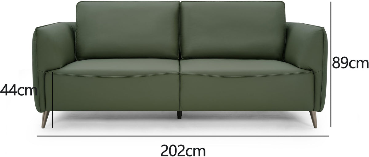 Green leather 3-seater sofa with cushion back and nickel legs by Bentley Designs, showcasing the stylish and comfortable seating.