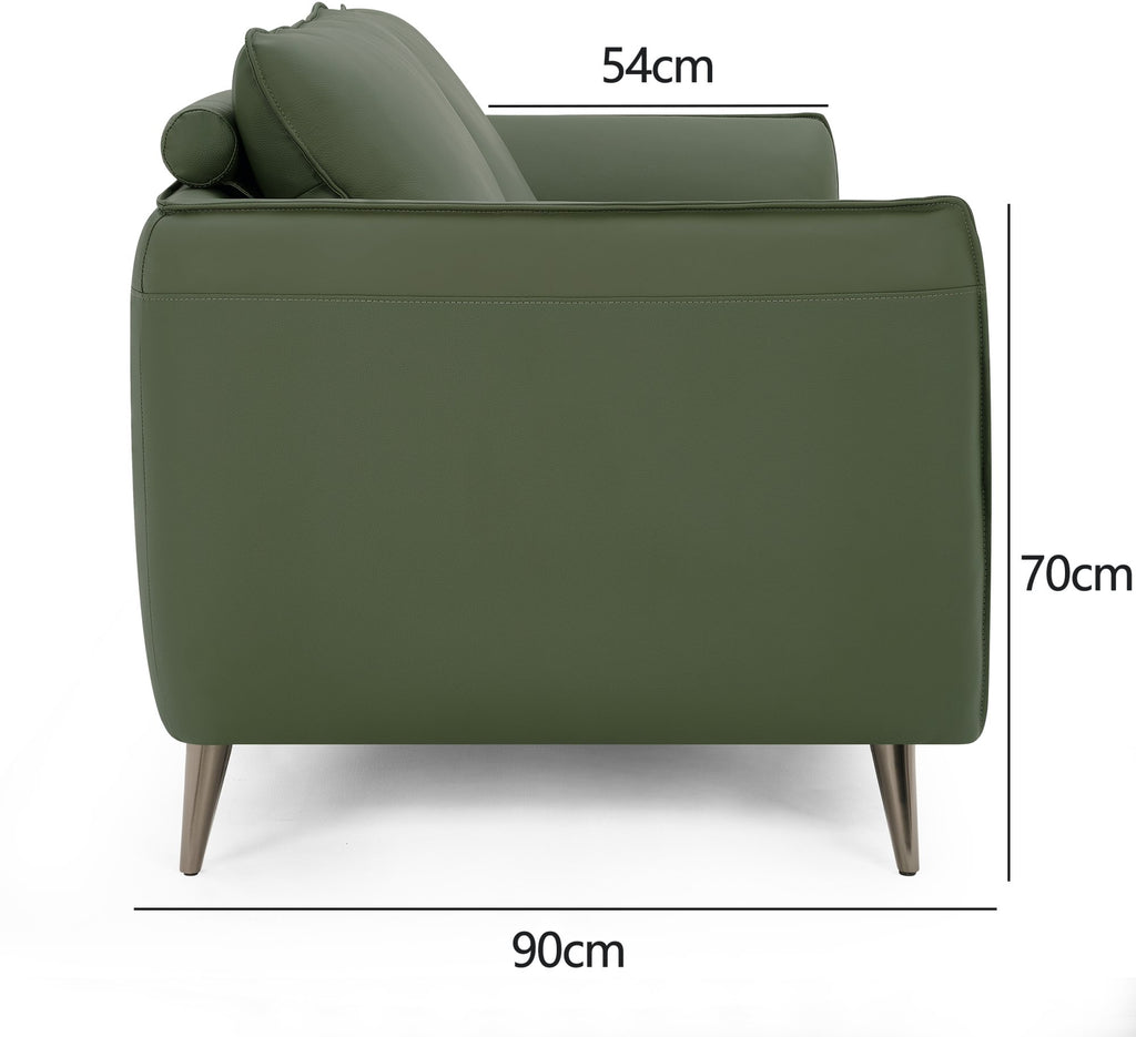Green leather 3 seater sofa with cushion back and nickel legs by Bentley Designs, showcasing its stylish and comfortable design.