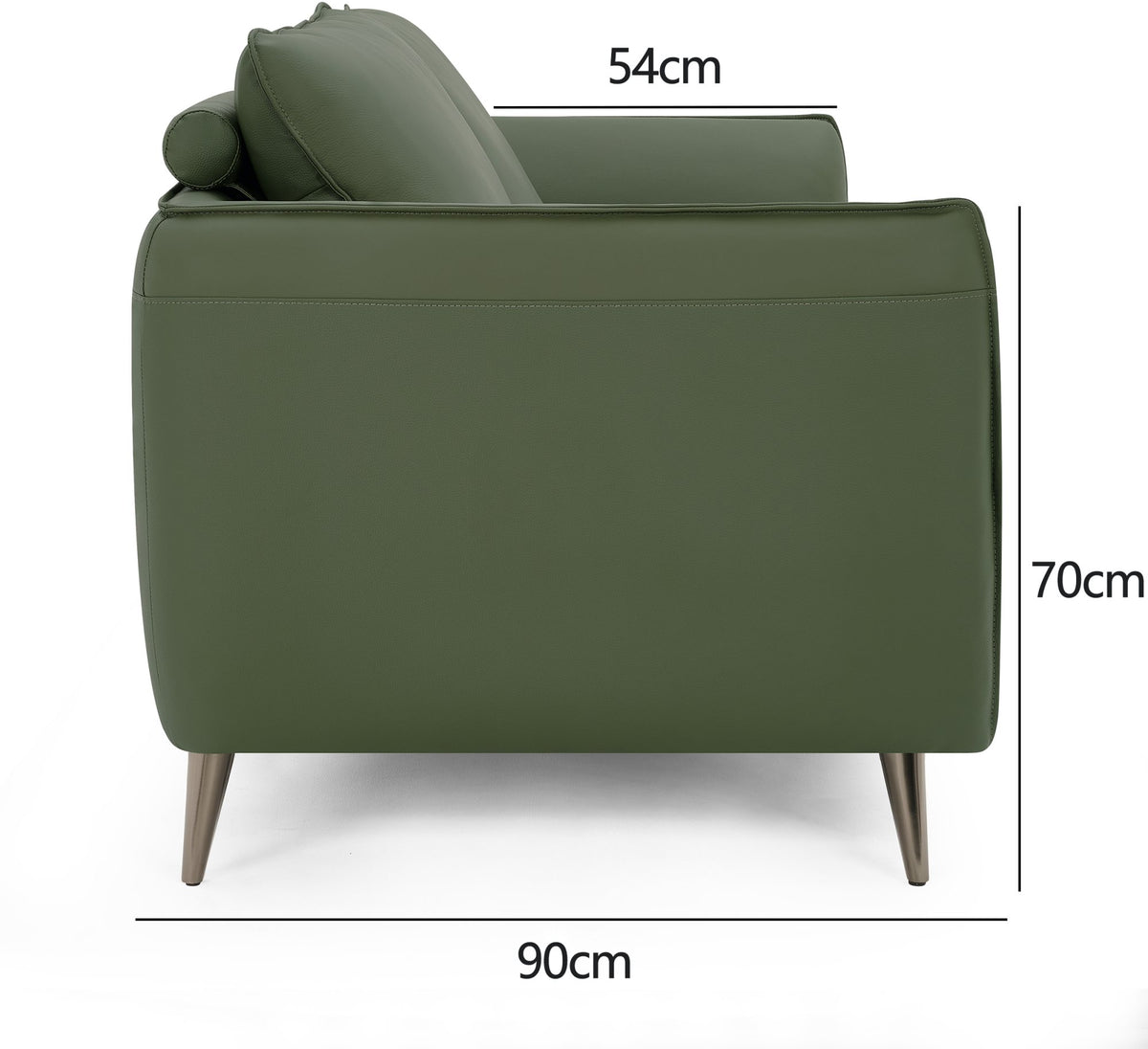 Green leather 3 seater sofa with cushion back and nickel legs by Bentley Designs, showcasing its stylish and comfortable design.