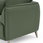 Green leather 3 seater sofa with cushion back and nickel legs by Bentley Designs in a modern living room setting.
