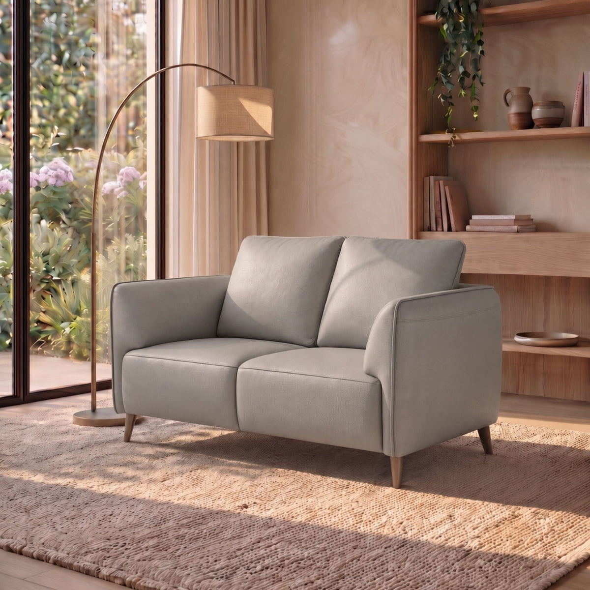 Light Grey Leather 2 Seater Cushion Back Sofa Nickel Legs