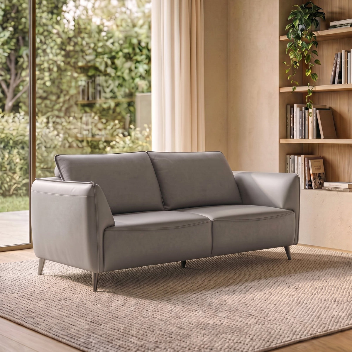 Light Grey Leather 3 Seater Cushion Back Sofa Nickel Legs