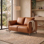 Tan Leather 2 Seater Cushion Back Sofa Nickel Legs