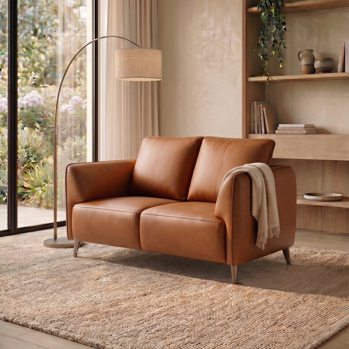 Tan Leather 2 Seater Cushion Back Sofa Nickel Legs