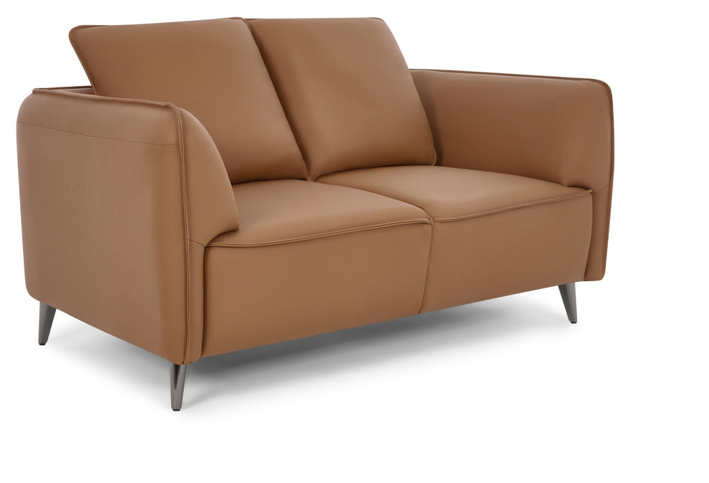 Tan Leather 2 Seater Cushion Back Sofa Nickel Legs