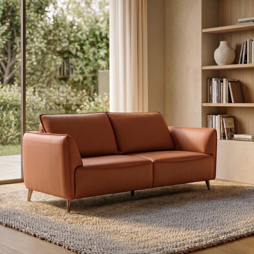 Tan Leather 3 Seater Cushion Back Sofa Nickel Legs