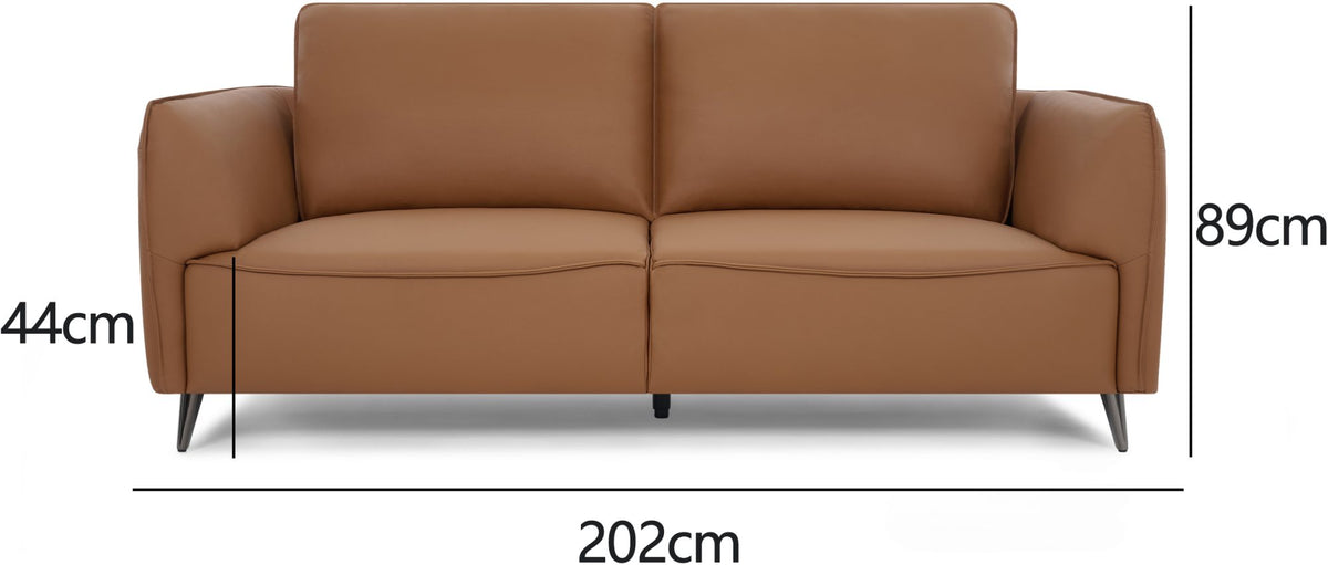 Tan Leather 3 Seater Cushion Back Sofa Nickel Legs