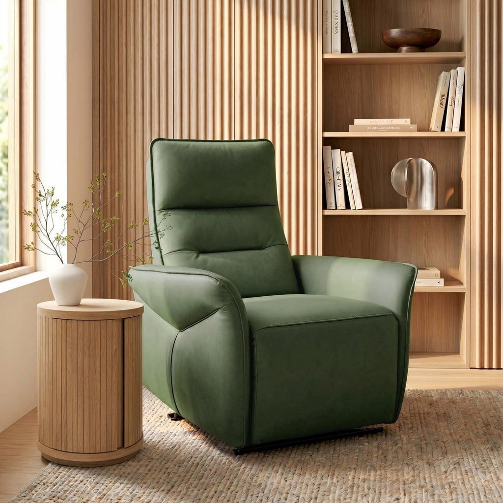 Green leather upholstered electric recliner armchair by Bentley Designs with cushioned armrests and plush seating.