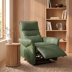 Green leather upholstered electric recliner armchair by Bentley Designs, featuring plush cushioning and modern lounge chair design.