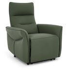 Green leather upholstered electric recliner armchair by Bentley Designs, featuring plush cushioning and modern lounge chair design.