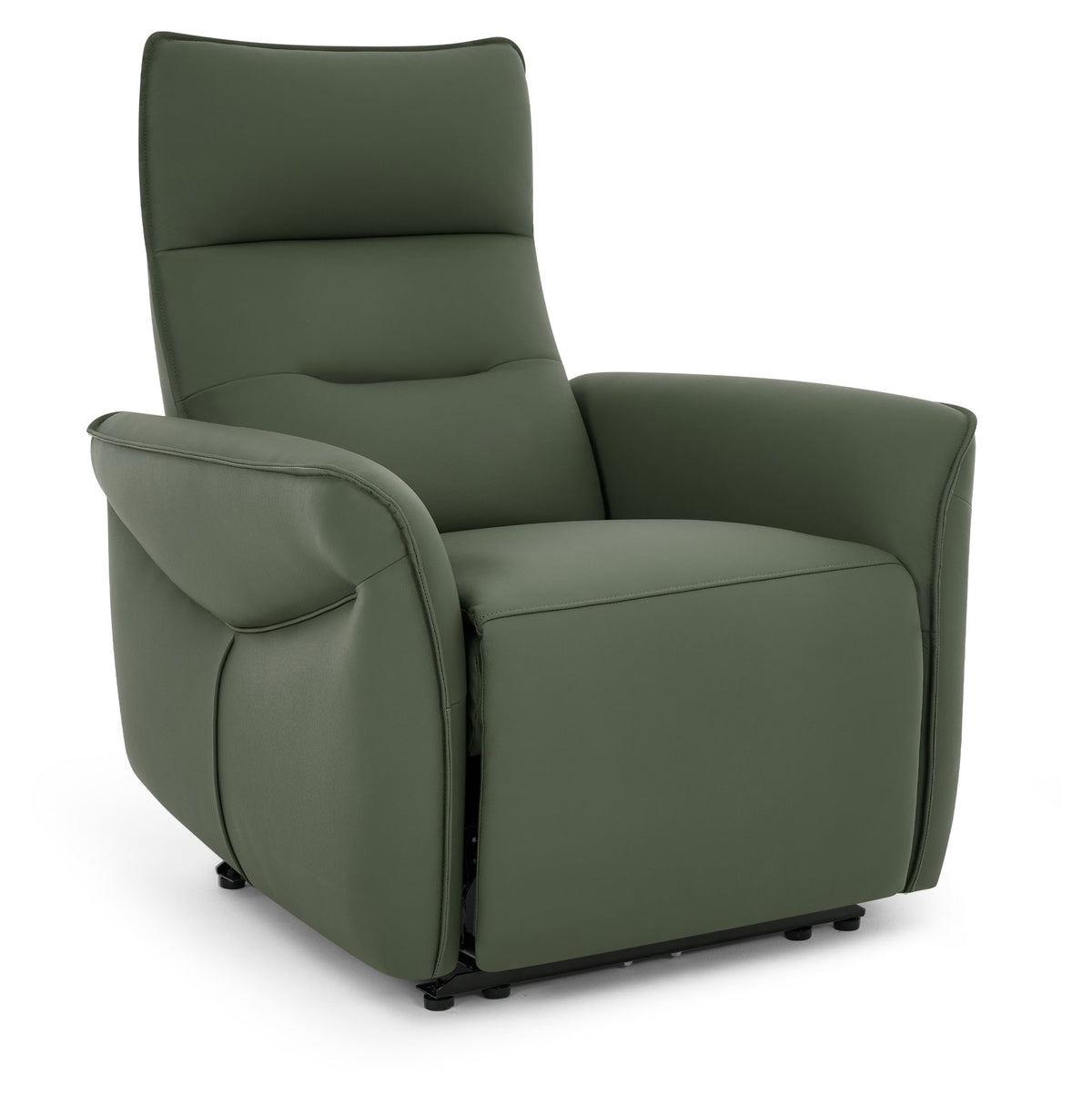 Green leather upholstered electric recliner armchair by Bentley Designs, featuring plush cushioning and modern lounge chair design.