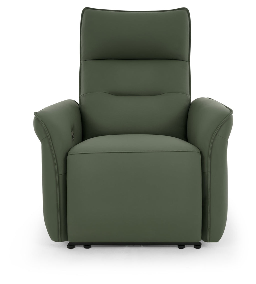 Green leather upholstered electric recliner armchair by Bentley Designs, featuring plush padding and a modern lounge chair design.