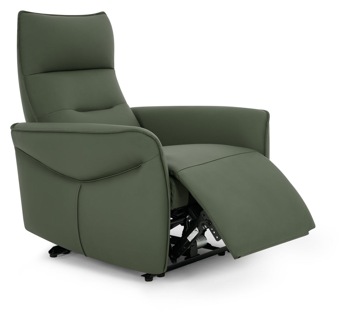 Green leather upholstered Bentley Designs electric recliner armchair with plush cushioning and modern style.