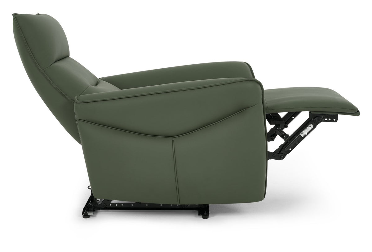 Green leather upholstered electric recliner armchair by Bentley Designs, showcasing plush cushioning and modern lounge style.