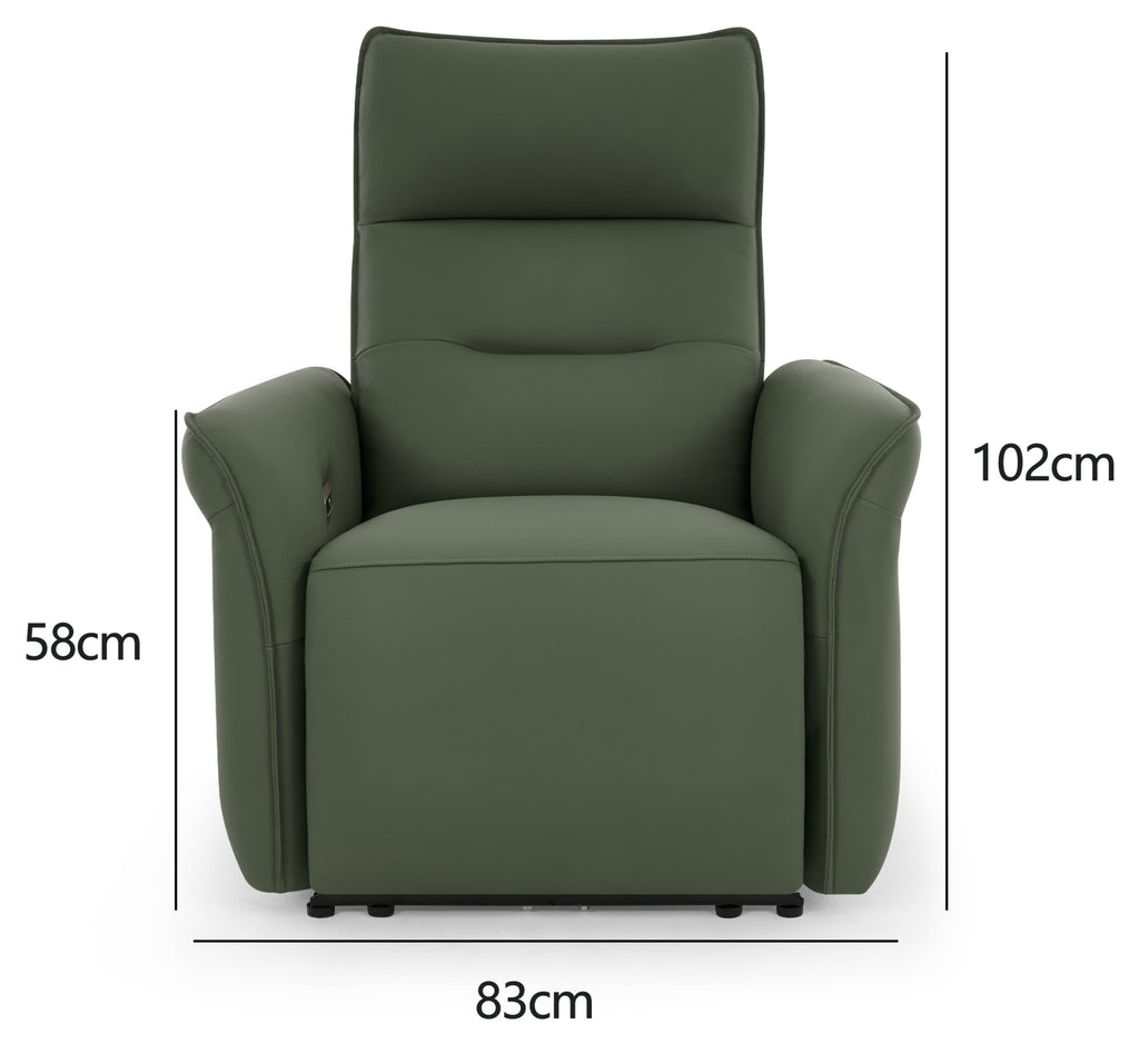 Green leather upholstered Bentley Designs electric recliner armchair with padded armrests and plush cushioning.