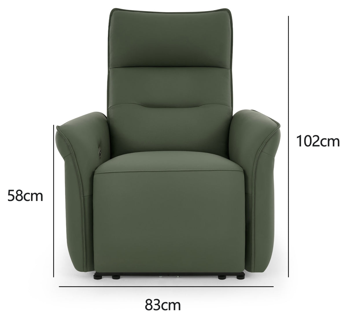 Green leather upholstered Bentley Designs electric recliner armchair with padded armrests and plush cushioning.
