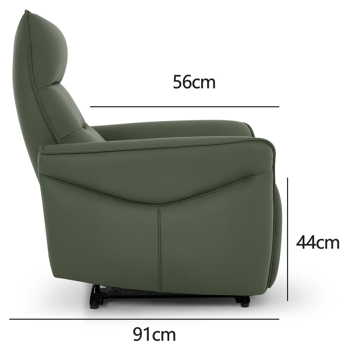 Green leather upholstered Bentley Designs electric recliner armchair with plush cushioning and modern design.