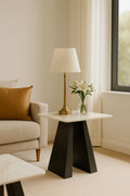 White Ceramic Top Lamp Table with Black Pedestal Base