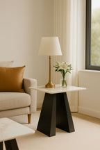 White Ceramic Top Lamp Table with Black Pedestal Base