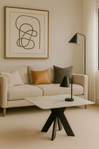 White Marble Effect Ceramic Lamp Table with Black Cross Pedestal Base