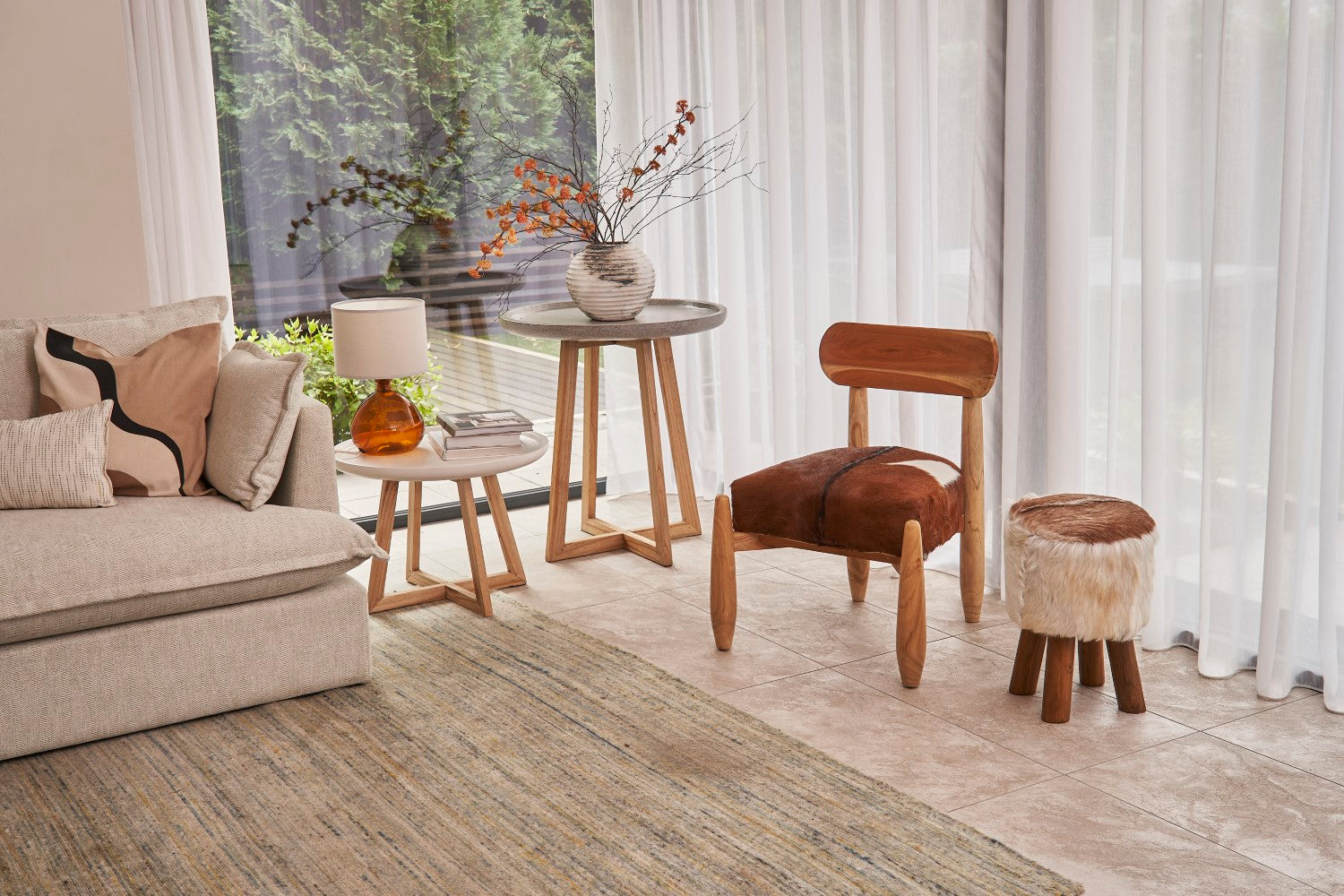 Artisan Goatskin Occasional Chair in Natural Teak with Rounded Frame - Home Furniture Interiors