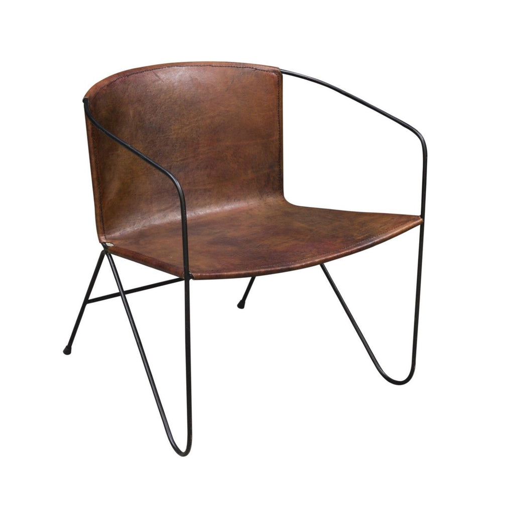 Industrial Brown Leather Curved Lounge Chair with Steel Frame