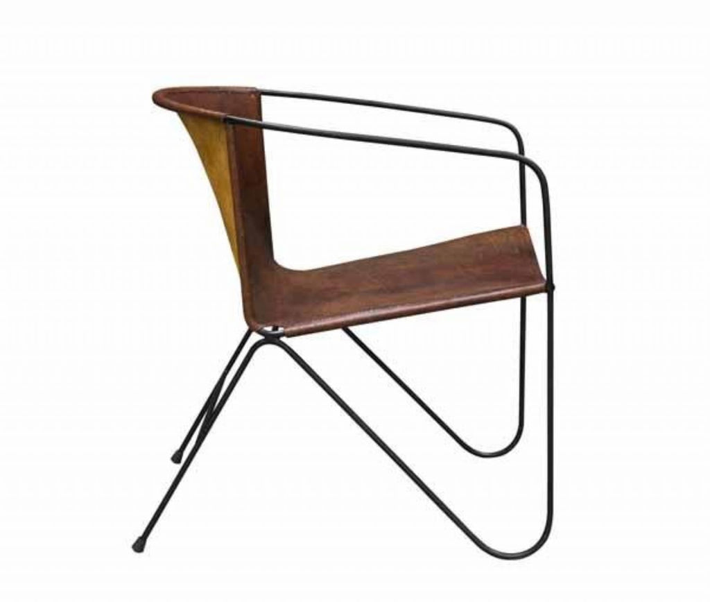 Industrial Brown Leather Curved Lounge Chair with Steel Frame - Home Furniture Interiors