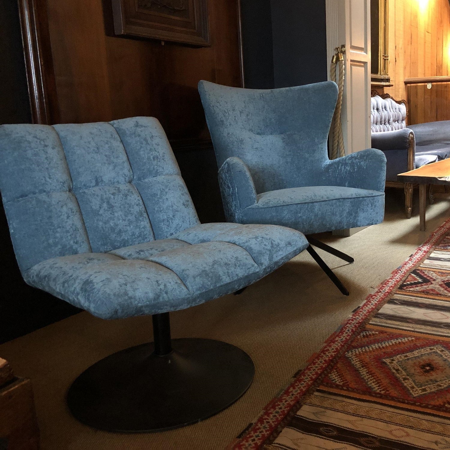 Modern Blue Chenille Swivel Accent Chair with Dark Grey Steel Base - Home Furniture Interiors