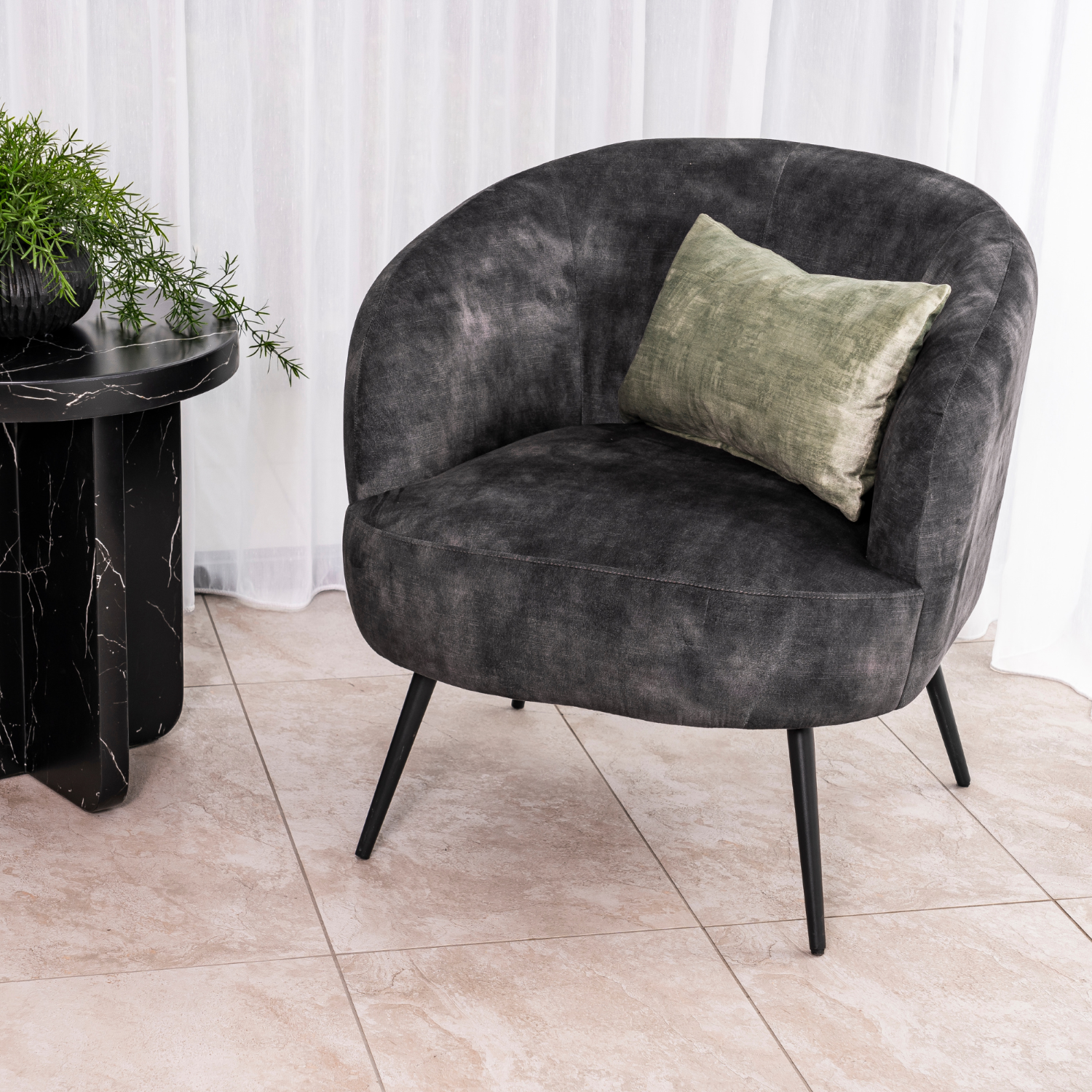 Contemporary Charcoal Velvet Occasional Chair with Curved Backrest
